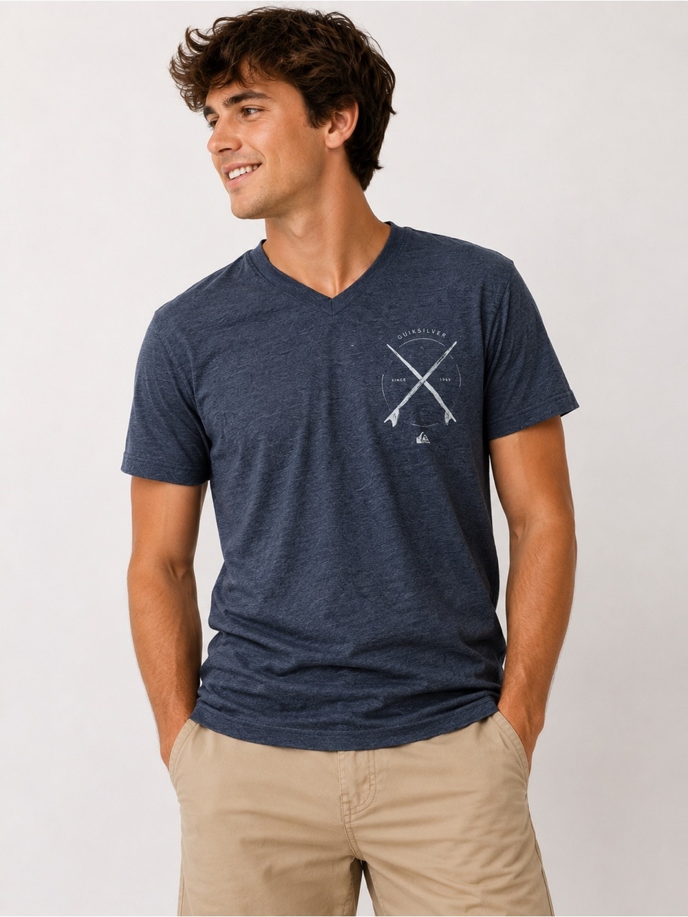 Quiksilver Men’s Heather Gray V Neck Graphic T Shirt Slim Fit Size Small